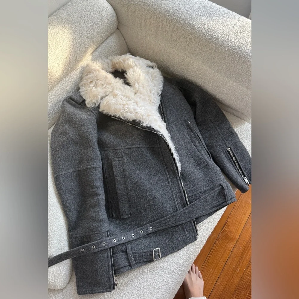 IRO Charcoal Jacket with Cream Faux Fur Collar NWOT - Picture 6 of 8